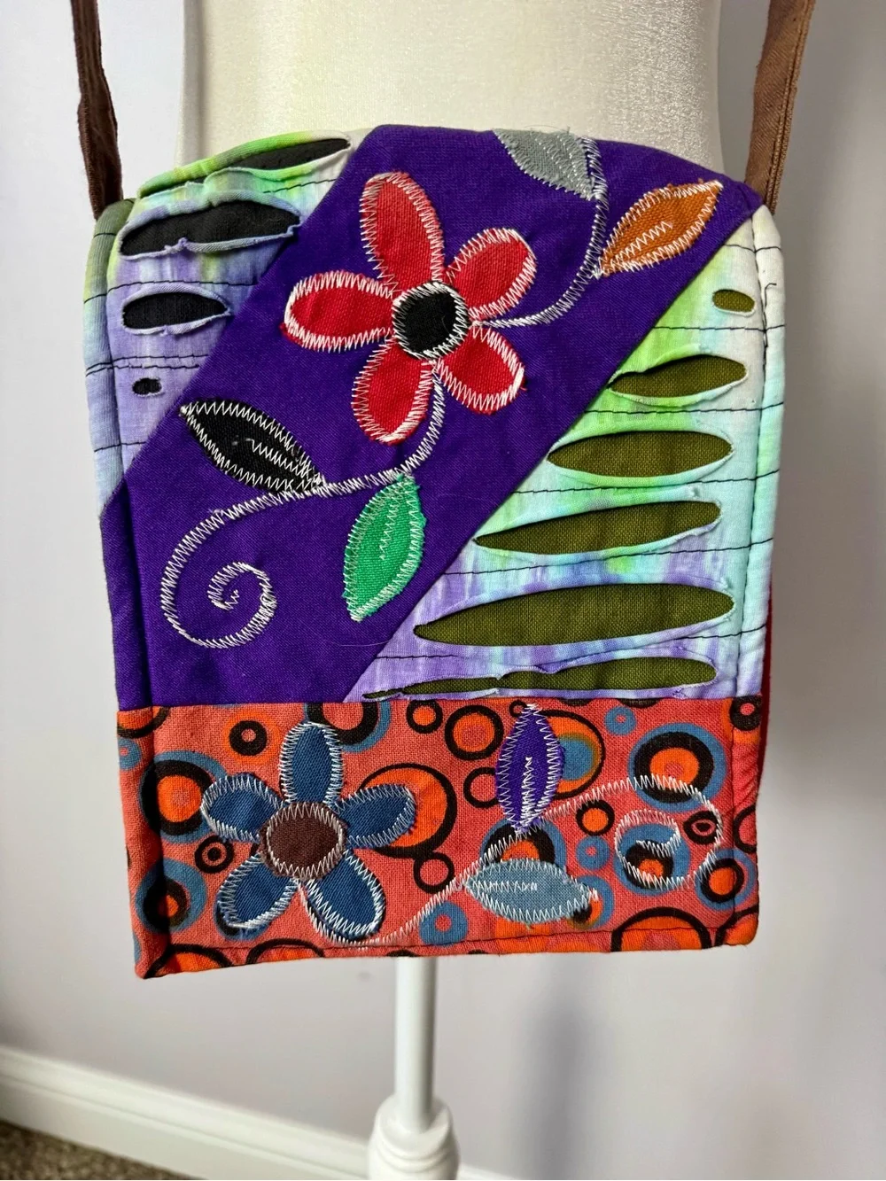 Handmade Vibrant Patchwork Floral Crossbody Bag - Purple, Orange, Green